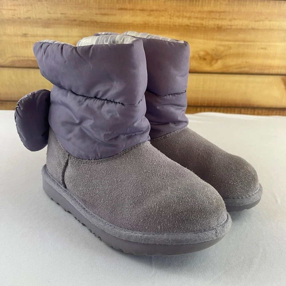 UGG Bailey Bow Maxi Boots Purple‎ Suede Puffer Bow Winter Warm Girls Size 3